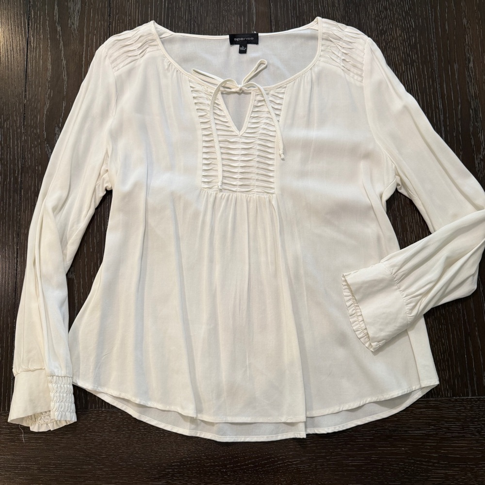 Ivory Long Sleeve Ruched Bib and Shoulder Blouse Back Gathering Peasant Top Boho